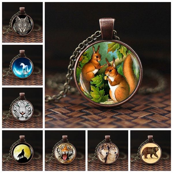 

squirrel necklace natural big bear glass pendant jungle wildlife animal wolf necklace hand craft jewelry, Silver