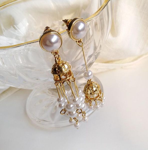 

fashion- court birdcage asymmetric long earrings sweet pearl tassel irregular ear clips earrings e1817, Silver