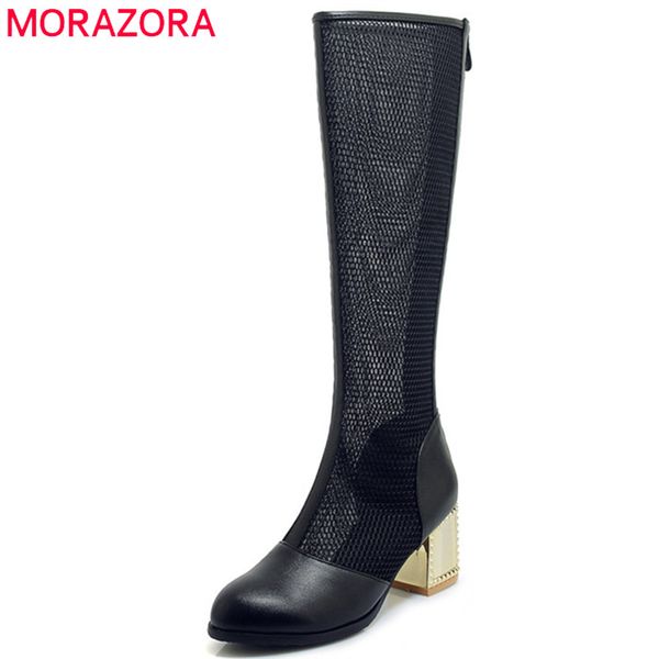 

morazora 2019 round toe knee high boots women pu + hollow out summer shoes zipper high heels boots woman prom, Black
