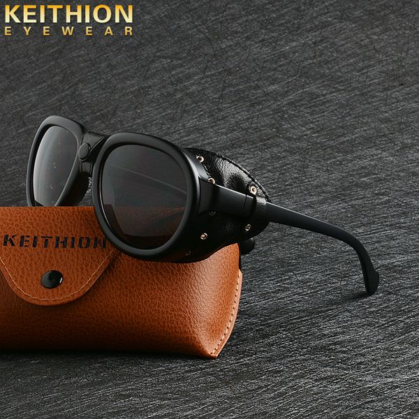 

keithion retro steam punk sunglasse men round designer steam punk pu leather shields sunglasses women goggles uv400 gafas de sol, White;black