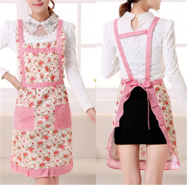 

new fashion convenient women waterproof housewife kitchen waist aprons sleeveless checked jeanette floral apron with pocket w3