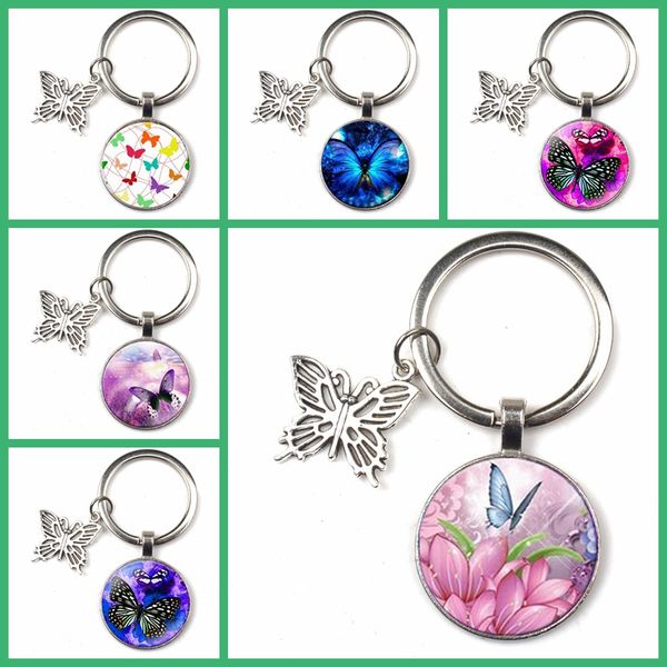 

new creative keychain butterfly flower pattern key ring glass pendant female fashion jewelry quality bag car charm key chain kid, Silver