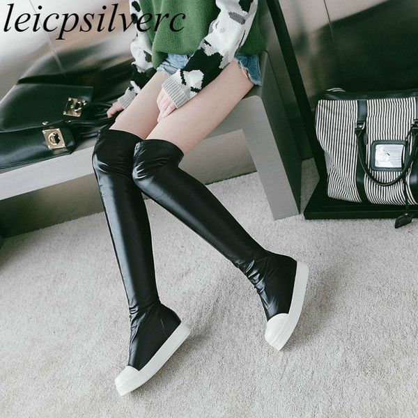 

women boots autumn winter warm round toe plush pu slip-on over the knee low heel 2018 new fashion stretch slim white black