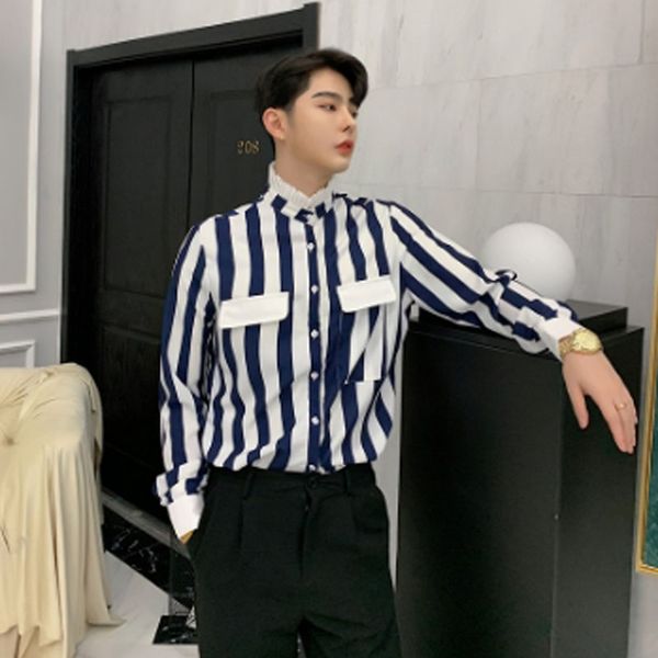 

men stand collar slim fit long sleeve casual stripe shirt male high street vintage fashion hip hop party dress shirt, White;black