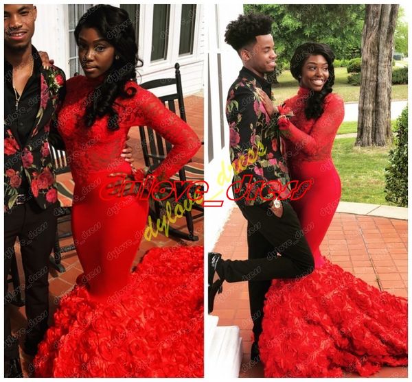 

2021 long plus size red african black girl prom dresses vestidos de fiesta formal dress long sleeve lace arabic evening gowns mermaid