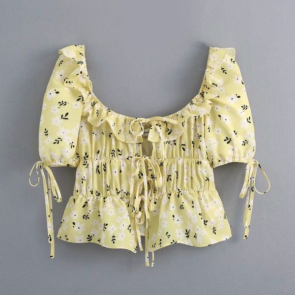 

женщины сладкий цветок печати оборками обвязки рубашка женский квадратный воротник слоеного рукав блузки упругие blusa tops, White