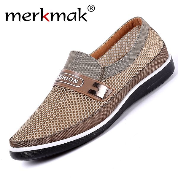 

merkmak 2020 new summer mesh shoes men slip-on flat sapatos hollow out comfortable father shoes man casual moccasins basic, Black