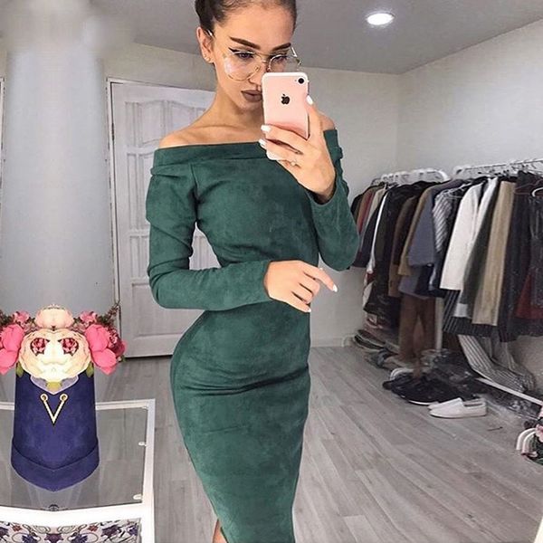 

party dress woman dresses long suede sleeve off shoulder women mid calf dress autumn winter bodycon new year s designer clothes, Black;gray
