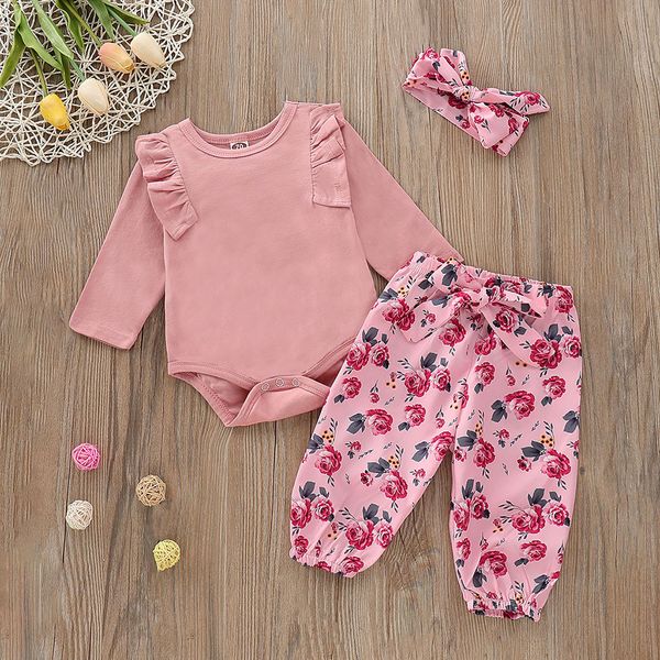 Meninas do bebê Roupas Set 3 PCs Macacão Macacão Sólida + Calças de Impressão Floral + Headband Roupas roupas infantis menina traje para