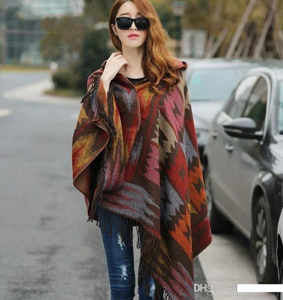 

2019 new women winter boho hooded coat cape poncho ladies shawls wrap female pashmina plaid cashmere blanket scarf bufanda mujer gb1401, Blue;gray