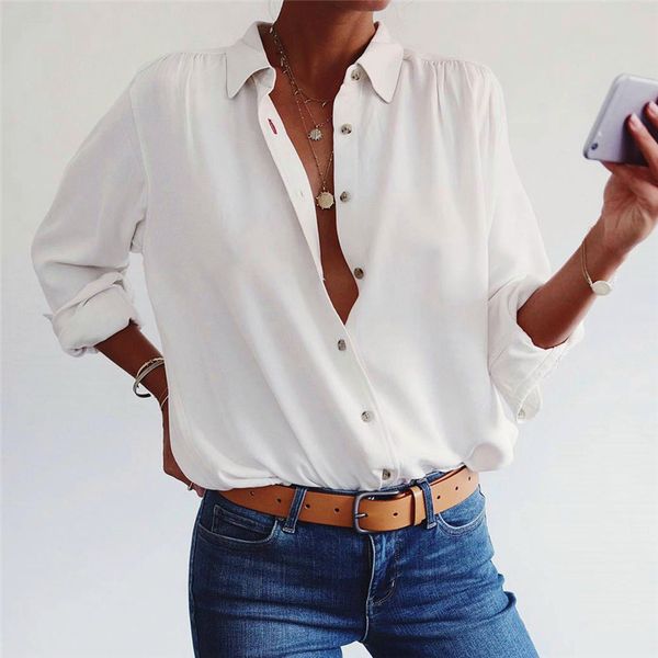 

new women's turn-down collar button shirts long sleeve button blouse ladies casual loose womens and blouse office work wear, White