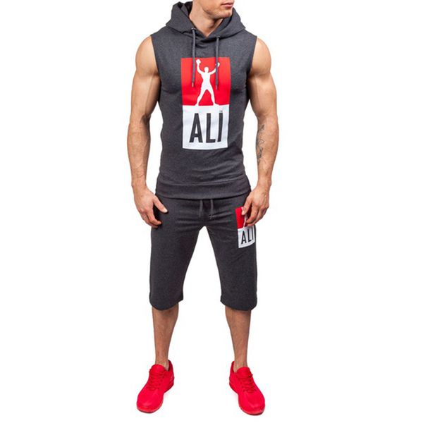 

zogaa brand new 2018 casual mens sporting summer two piece tracksuit sleeveless vests + shorts sweatshirt training jersey set, Gray