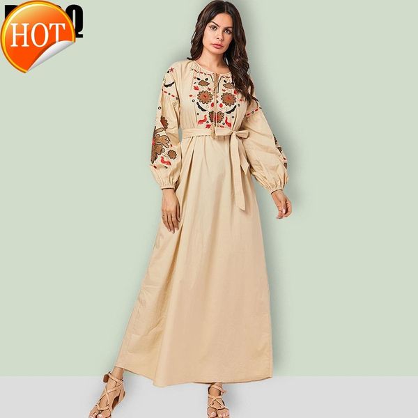 

holiday abaya malaysia dress mc209067 comfortable large size women's khaki embroidered belt bubble sleeve muslim long, Red