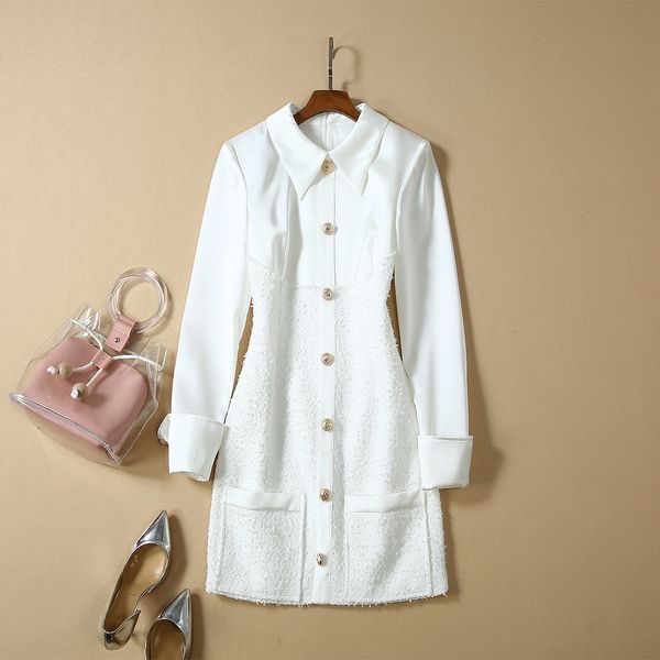 

autumn 2019 new european and american women's wear long sleeve lapel stitching tweed fashionable white dress, Black;gray