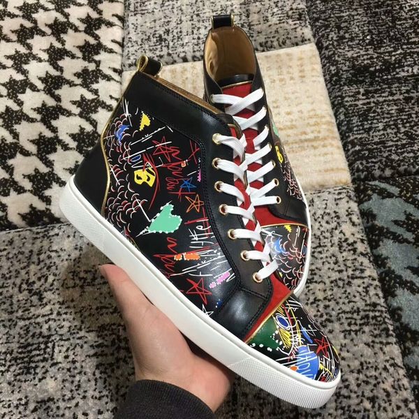 

size 35-46 men black graffiti fashion high red bottom casual shoes women lace up sneakers ,designer spring/autumn flat shoes t18