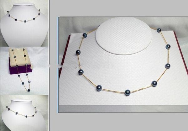 

8-9mm natural genuine black pearl necklace silver chain