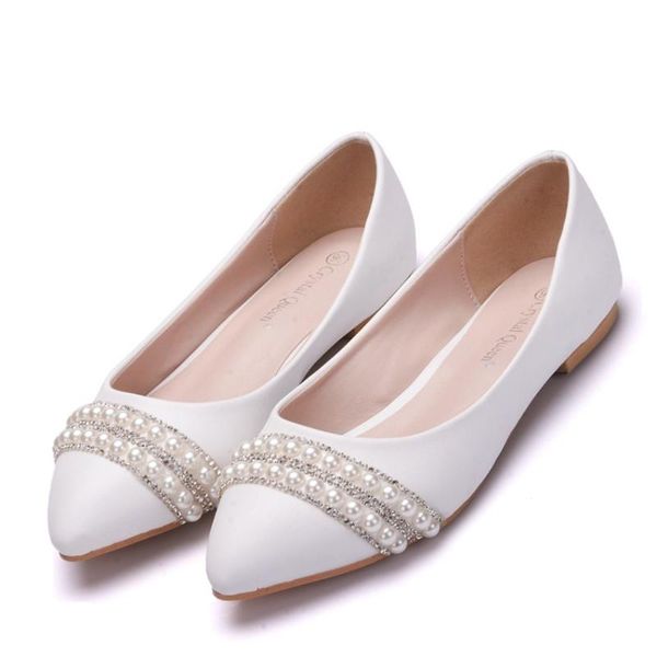

34~43 plus size women pearl crystal wedding shoes spring slip on pointed toe flats luxury rhinestone bride leather single shoes, Black
