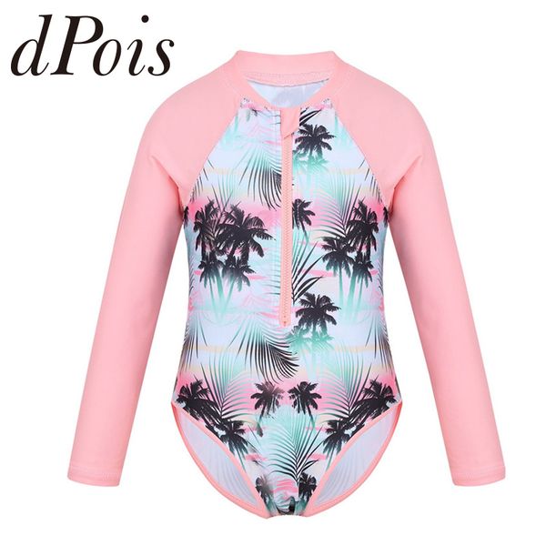 

summer kids girls one-piece swimsuit long sleeves palm printed zippered swimwear bathing suit rash guard bodysuit beach wear, White;black