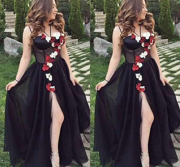 

Spaghetti Strap Halter Side Split Black Evening Dress Long Prom Dresses with Flowers Party Gowns Formal Wear vestidos de fiesta Abendkleider