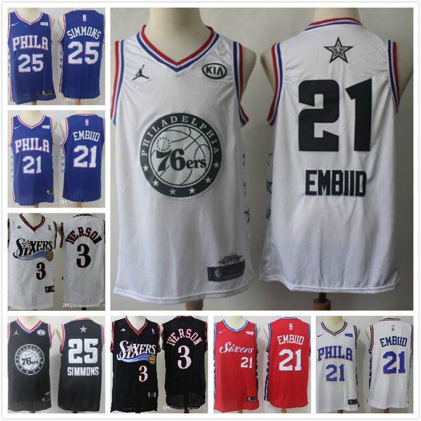 

2019 mens kids nba philadelphia 76ers joel 25 simmons jersey allen 3 iverson basketball jerseys size, Black