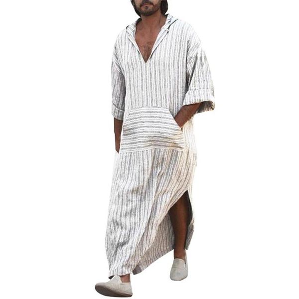 

2018 muslim style striped men robe nature loungewear kaftan homme robes dress saudi arabia full length cotton linen man robe, Red