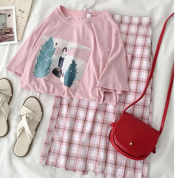 

sweet plaid skirt set summer women two pieces set short sleeve t-shirt + maxi skirt korean outfits for women matching, Black