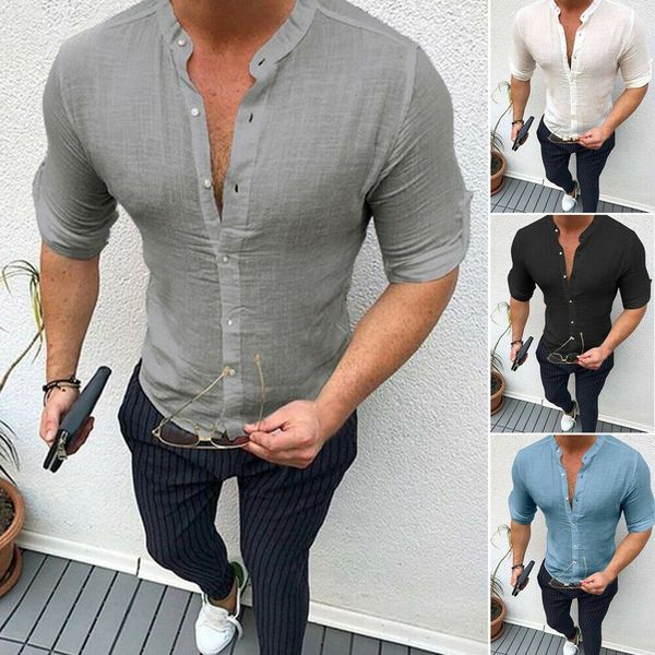 Compre Camisas De Vestir De Lino De Manga Corta Para Hombre MEIbax Camisa para Hombres de Vestir Transpirable Manga