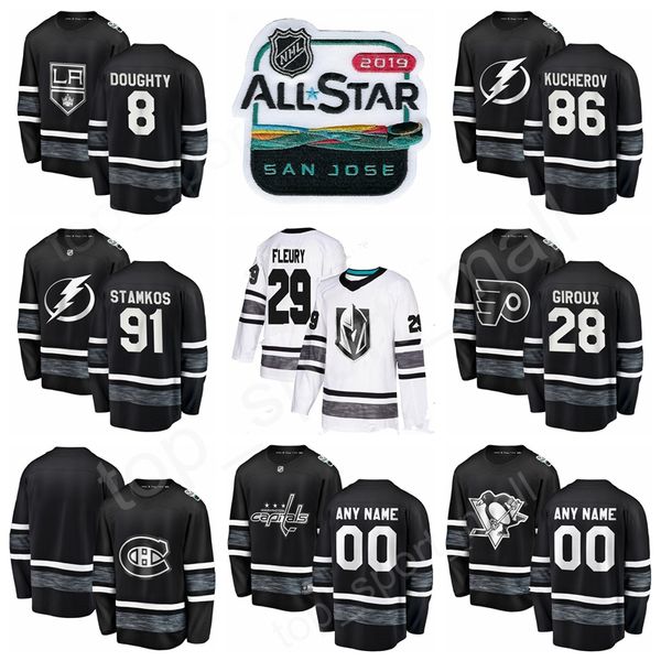 

men 2019 hockey all star game jersey 8 drew doughty 29 marc-andre fleury carey price 28 claude giroux 91 steven stamkos 86 nikita kucherov, Black;red