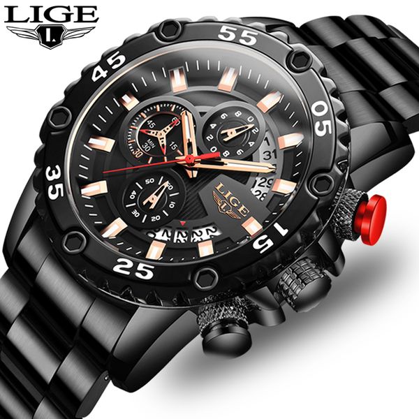 

new 2020 waterproof men's watches lige watch men all steel big dial calendar sport wristwatch male chronograph, Slivery;brown