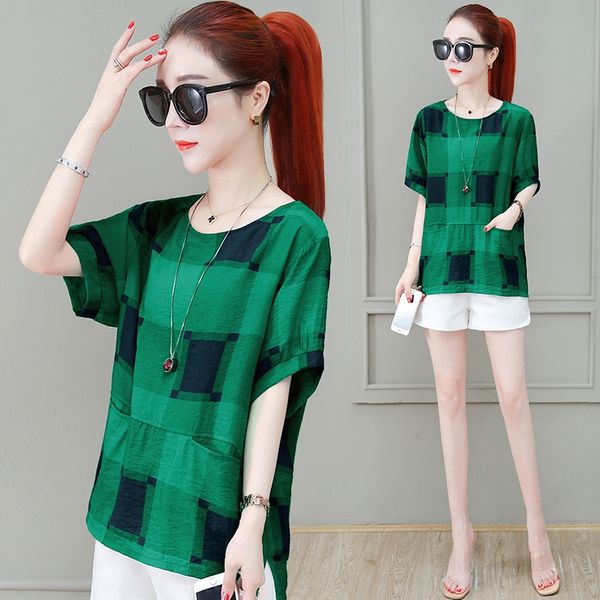 

plaid short-sleeved 2020 loose all-match western style small casual t-shirt t-shirt female fashion, White