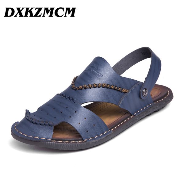 

dxkzmcm 2019 mens leather flip flops genuine leather breathable slippers men casual beach shoes fashion sandals summer, Black