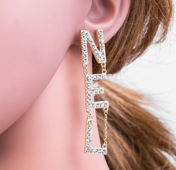 

luxury designer stud earrings for women jewelry shinning silver color a+ cz crystal gold double letter earrings for party wedding gift, Red;brown