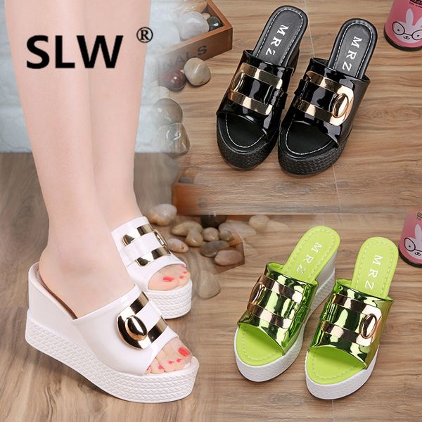 

med peep toe wedge summer fashion metal decoration rubber wedges women solid slides slipper fish creeper modis rubber woman, Black