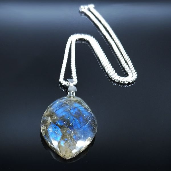 

stainless steel labradorite pendant cabochon irregular shape strong shine labradorite pendant necklaces jewelry joyeria n20170, Silver