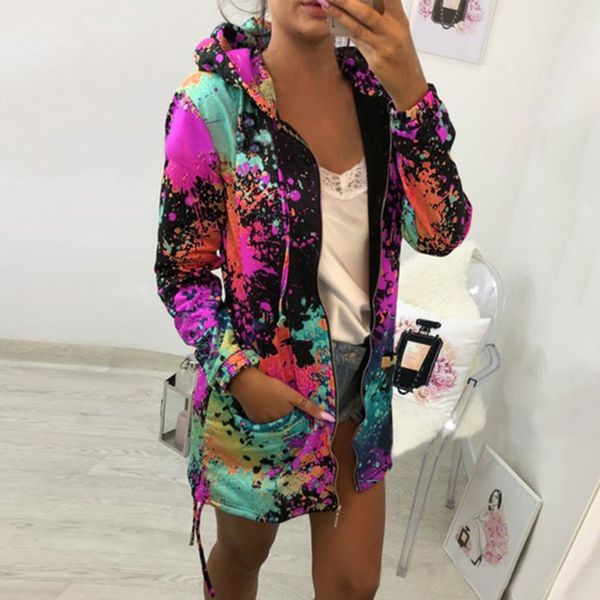

women multicolor printed fashion hoodies jacket outerwear mid-length zipper hooded coat female drawstring jackets sportswear, Black;brown
