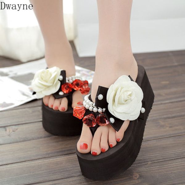 

women wear handmade beaded slippers flowers thick-bottomed muffin wedges with seaside holiday flip-flops, Black