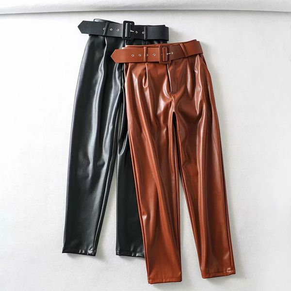 

fashion belt black faux leather pants women high waist pants streetwear sashes pockets office ladies pu leather trousers, Black;white