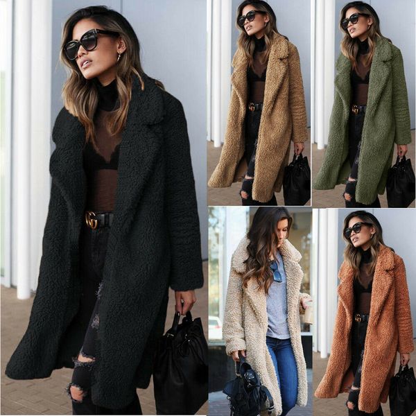 

women winter warm fur coat ladies knee long vintage jacket outwear thicken, Black