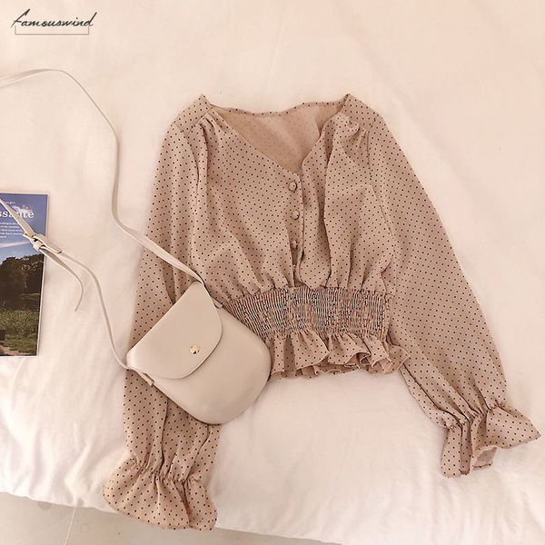 

vintage v neck flare sleeve polka dot women blouse shirts elegant front buttons slim waist ruffles female blouse blusas 2020, White