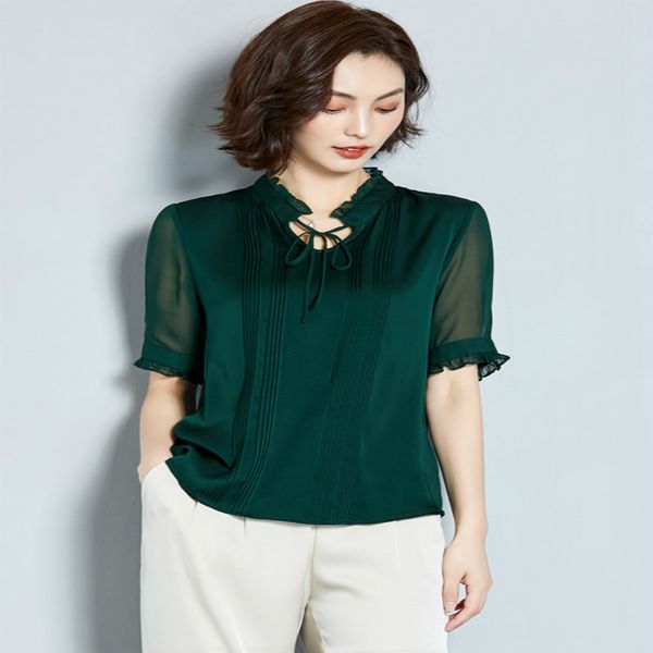 

fashion summer real silk blusas mujer de moda 2020 elegant casual v neck women's blouse ladies short sleeve s19x258, White