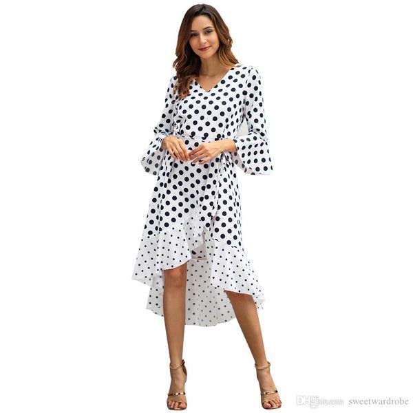 

2019 горячей продажа весна новых женщин v-образный вырез повседневного волновой точки с длинным рукавом большого размера нерегулярного круже, Black;gray