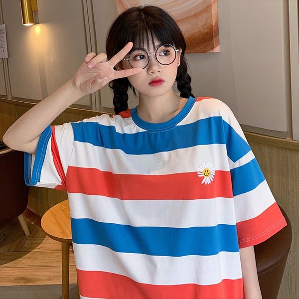 

2020 women's round collar loose short-sleeved women's student clothing t-shirt student clothing clothes fashion striped slim base, White
