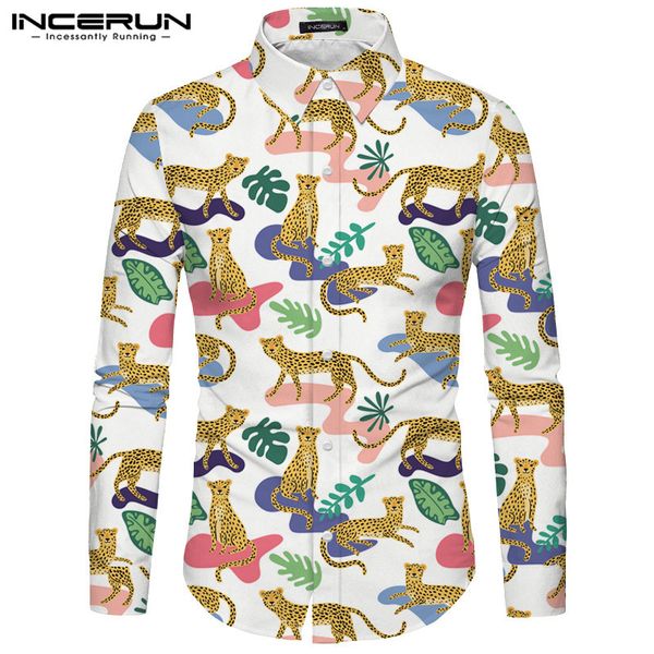 

incerun men chic leopard print long sleeve lapel shirt fashion trend joker streetwear button mens casual blouse camisa masculina, White;black