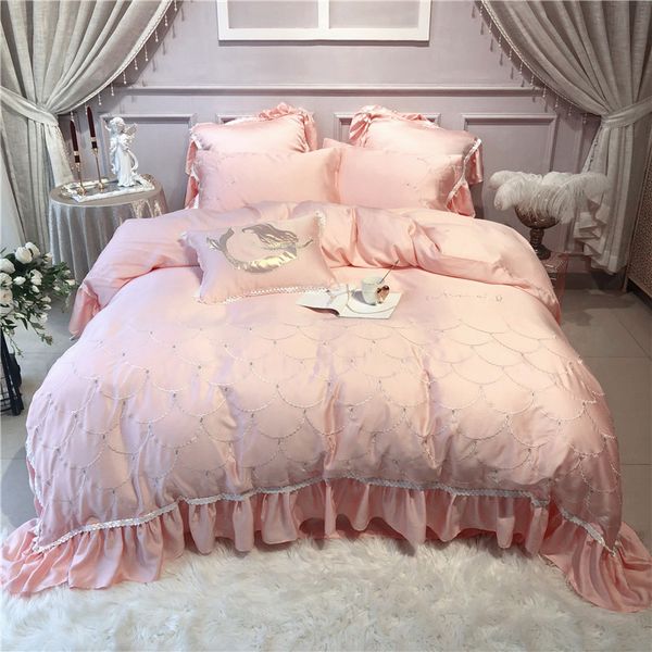 Pink Tencel Bedding Set 4 Queen King Size Bed Set Ruffles