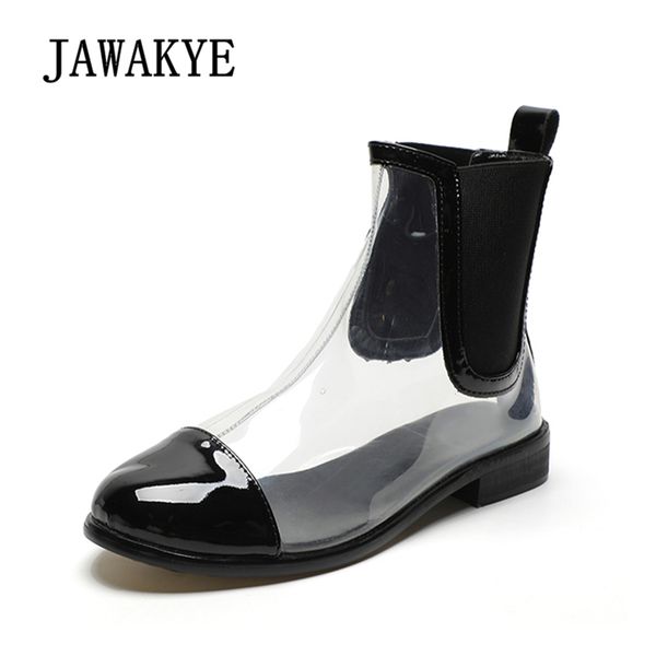 

2018 new pvc transparent flat shoes women clear ankle boots patchwork square low heel round toe autumn shoes short rain boots, Black