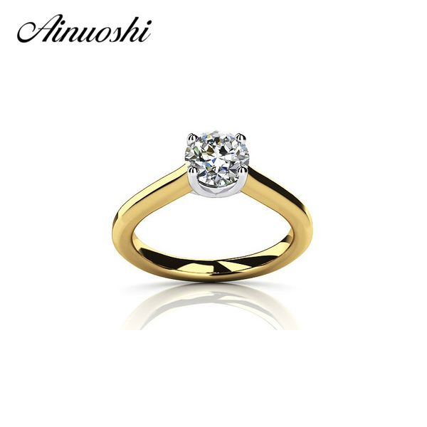 

ainoushi 1 carat luxury yellow gold color ring 925 sterling silver rond cut solitaire bridal band women engagement wedding y200106, Slivery;golden