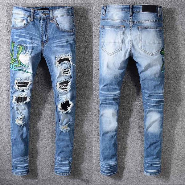 

19 balma luxury designer mens jeans private custom embroidery hole fashion jean cotton comfortable trend wild hip hop trousers, Blue