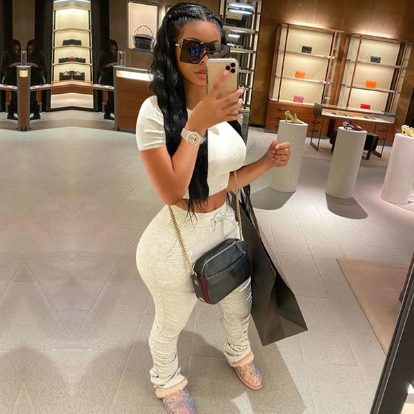 

plus size cotton two piece set women 2020 summer clothes crop and stacked ruched pants suit sporty sweat suits jogging femme, Gray