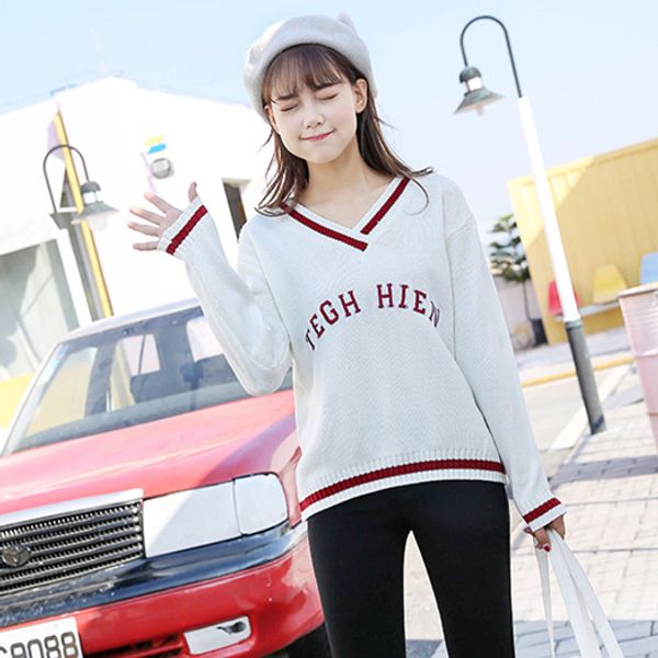 

knitted sweater women spring 2020 korean preppy style v neck letters embroidery pullover knitwear white blue red pull femme t453, White;black