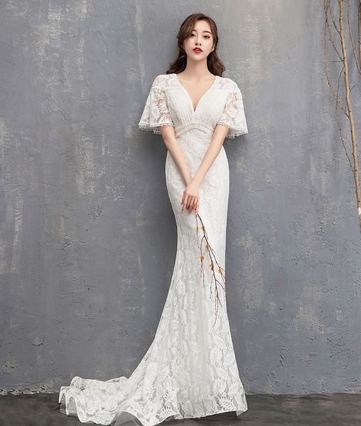 

elegant mermaid long wedding dresses 2020 short sleeve lace wedding gowns bride dress vestido de noiva boho style, White